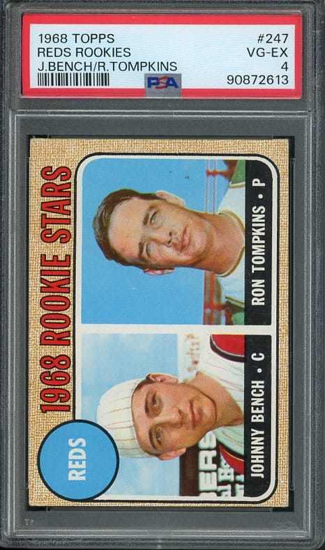 Authentic 1968 Topps #247 Johnny Bench Rookie Baseball Card View our full selection of graded cards from the 1968 Topps set by clicking here View our full selection of graded Johnny Bench cards by clicking here