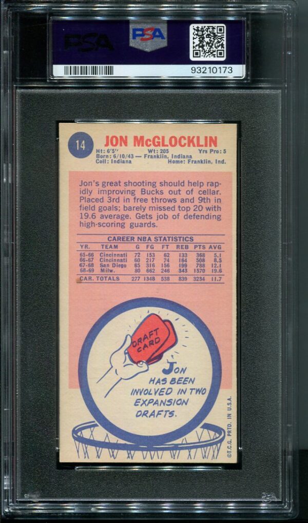 Authentic 1969 Topps #14 Jon McGlocklin PSA 7 Basketball Card