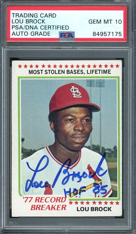 Authentic 1978 Topps #1 Lou Brock Record Breaker Autographed PSA/DNA Baseball Card