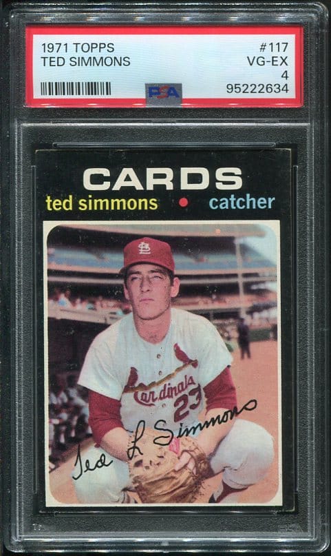 Hall of Famer Ted Simmons' 1971 Topps #117 Rookie baseball card with a VG-EX PSA 4 grade