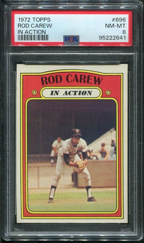 Authentic 1972 Topps #696 Rod Carew In Action PSA 8 Baseball Card