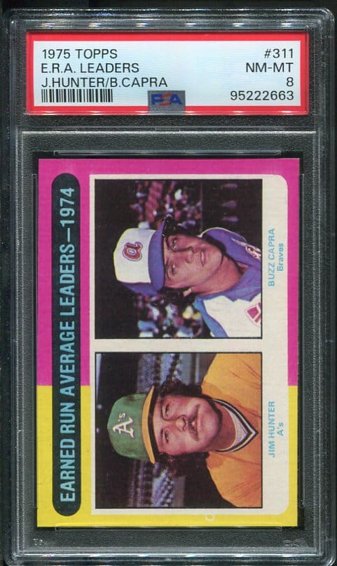 Authentic 1975 Topps #311 E.R.A. Leaders Jim Hunter PSA 8 Baseball Card