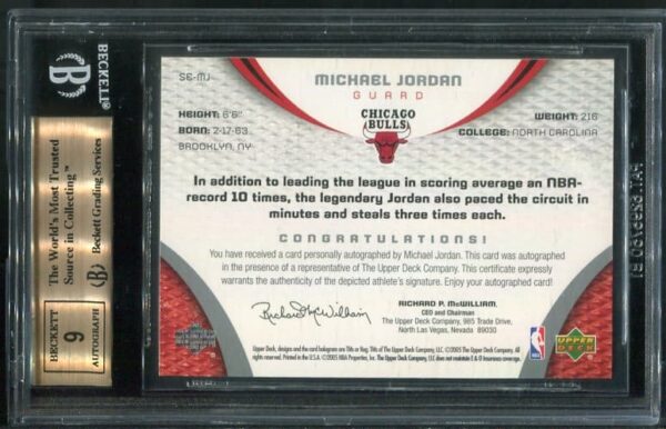 Autographed 2005-06 Upper Deck SP Game Used Superstar Exclusives Autos #MJ Michael Jordan Beckett BGS 9.5 Auto 9 Card