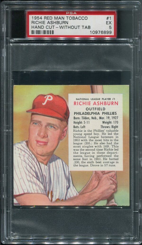 Authentic 1954 Red Man Tobacco #1 Richie Ashburn (Hand Cut) PSA 5 Baseball Card