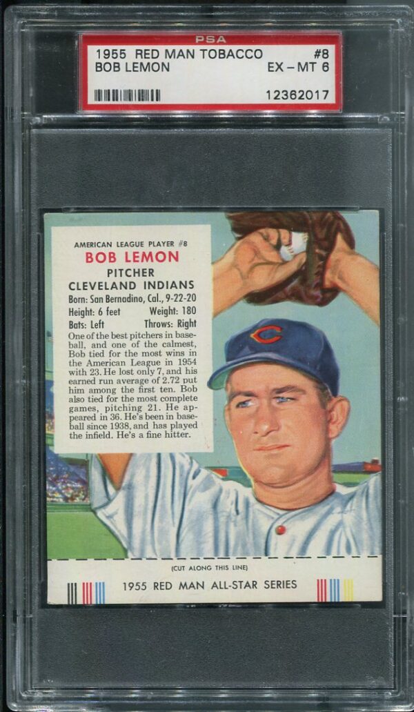 Authentic 1955 Red Man Tobacco #8 Bob Lemon PSA 6 Baseball Card