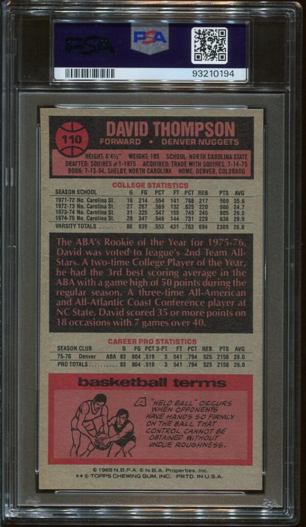 Authentic 1976 Topps #110 David Thompson Rookie PSA 8 Basketball Card