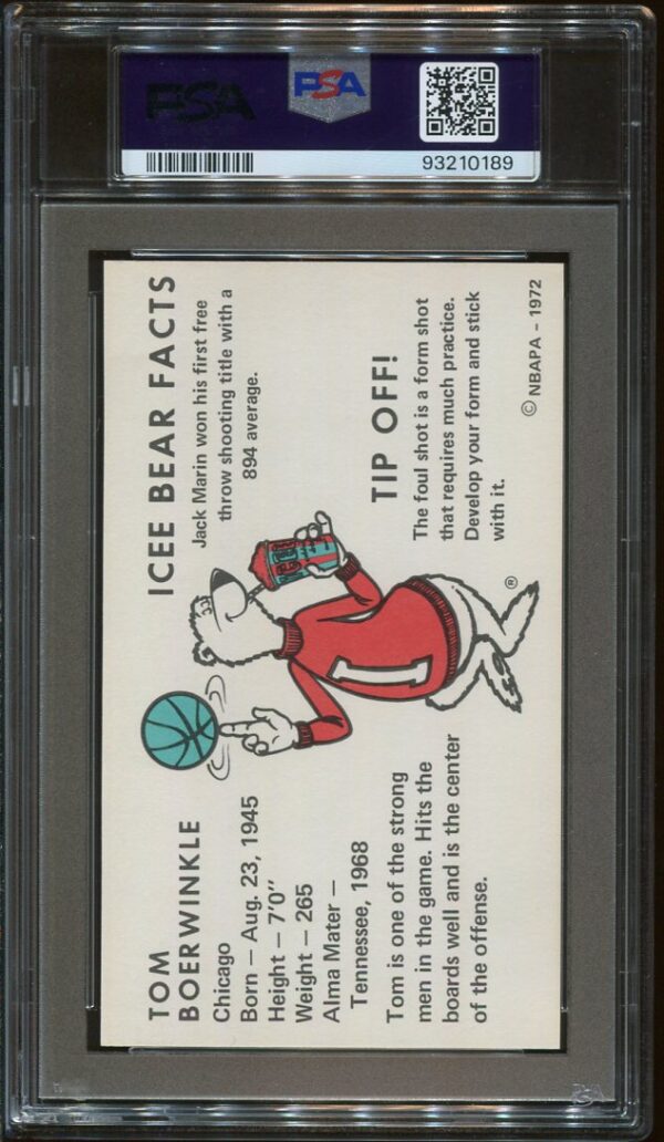 Authentic 1972 Icee Bear Tom Boerwinkle PSA 7 Basketball Card