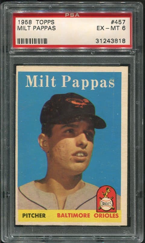 Authentic 1958 Topps #457 Milt Pappas PSA 6 Rookie Vintage Baseball Card