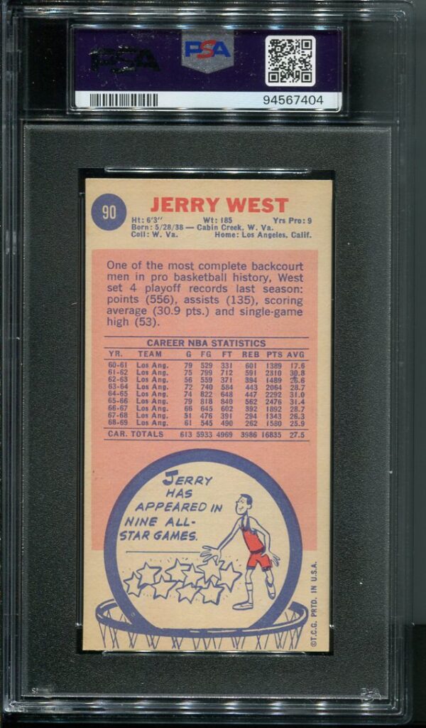 Authentic 1969 Topps #90 Jerry West PSA 6 Basketball Card