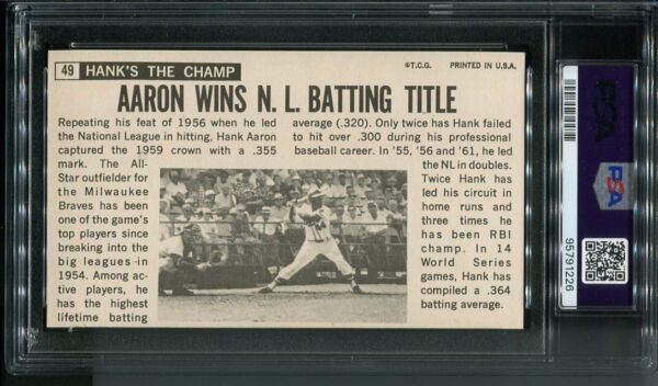 Authentic 1964 Topps Giants #49 Hank Aaron PSA 7 Baseball Card