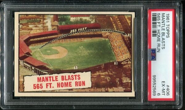 Authentic 1961 Topps #406 Mickey Mantle Blasts 565 Ft Home Run PSA 6 Baseball Card