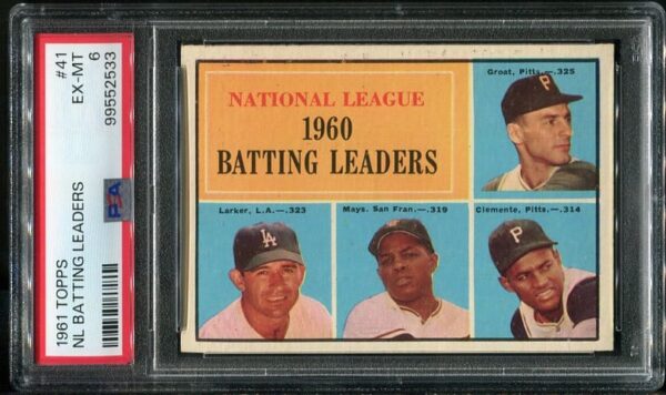 1961 Topps #41 NL Batting Leaders Willie Mays & Roberto Clemente PSA 6 Baseball Card