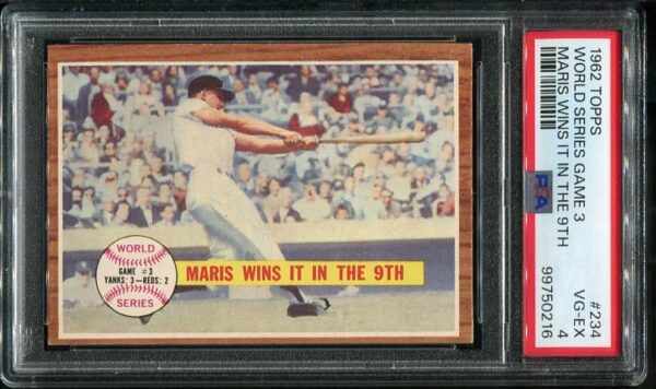 Authentic 1962 Topps #234 World Series Game 3 Roger Maris PSA 4 Baseball Card