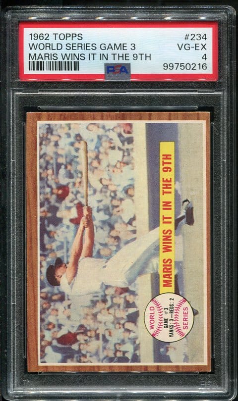 Authentic 1962 Topps #234 World Series Game 3 Roger Maris PSA 4 Baseball Card